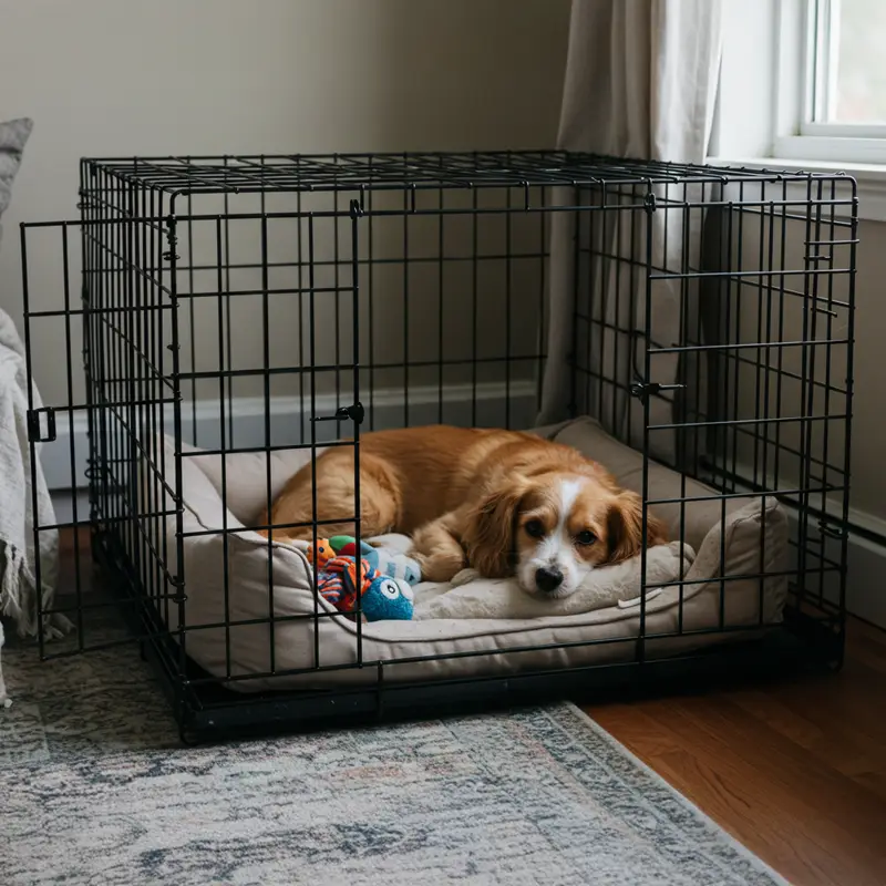 Dog resting in training crate